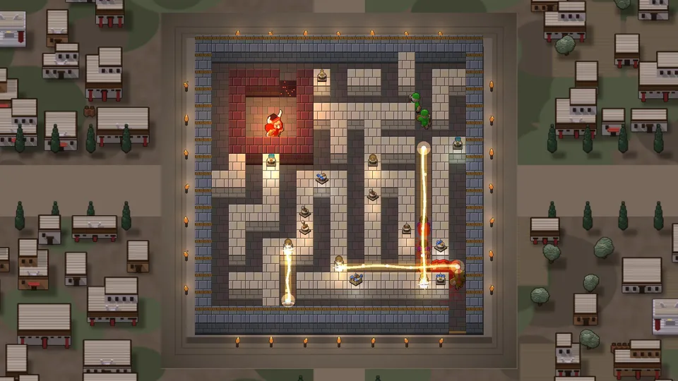 Heat ray towers firing beams down the maze corridors