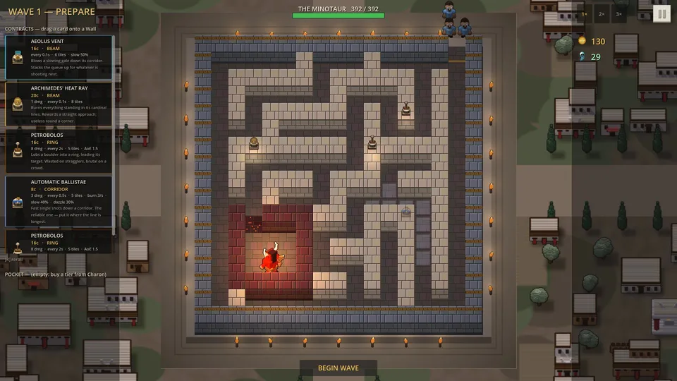 Shop phase with tower contract cards and the empty labyrinth